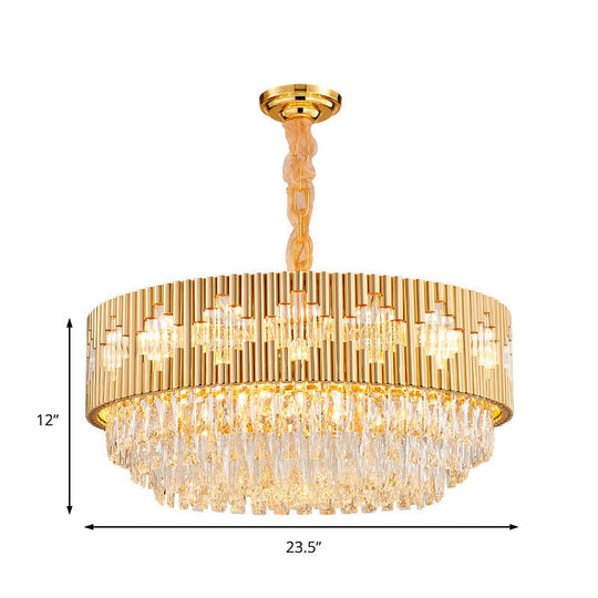 Vintage Circular Chandelier Pendant Light with Crystal Prism - Gold Metal