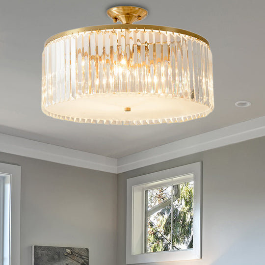 Modern Clear Crystal Semi Flush Ceiling Light With Gold Finish - Ideal For Living Room 4/5/6 Bulbs