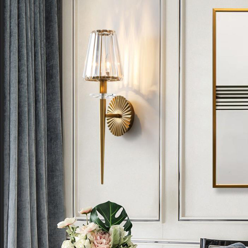 Modern Conical Wall Sconce In Gold With Clear Crystal And Metal - Perfect For Living Room Lighting