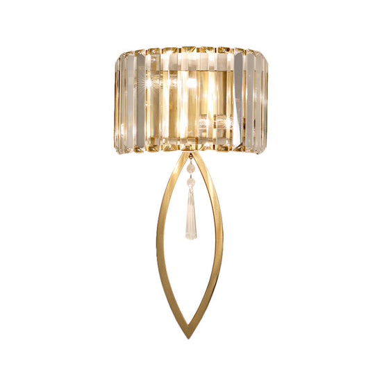 Modern Metallic Drum Shade Wall Lamp With Clear Crystal 2-Light Gold Lighting For Living Room