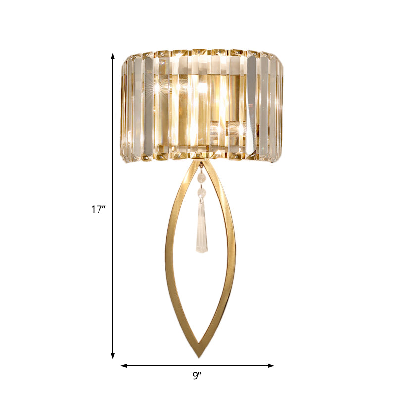 Modern Metallic Drum Shade Wall Lamp With Clear Crystal 2-Light Gold Lighting For Living Room