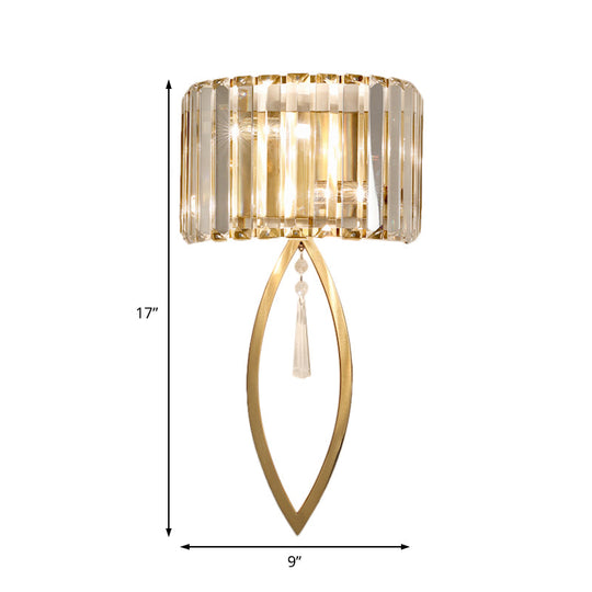 Modern Metallic Drum Shade Wall Lamp With Clear Crystal 2-Light Gold Lighting For Living Room