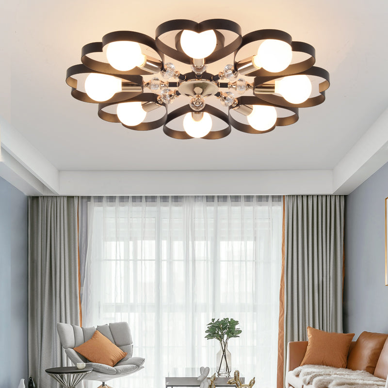 Modern Black Semi Flush Mount Ceiling Lamp with Heart Shade, Crystal Ball - 3/6 Heads