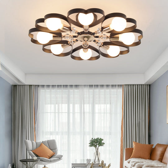 Modern Black Semi Flush Mount Ceiling Lamp With Heart Shade Crystal Ball - 3/6 Heads 8 /