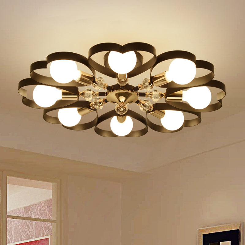 Modern Black Semi Flush Mount Ceiling Lamp with Heart Shade, Crystal Ball - 3/6 Heads