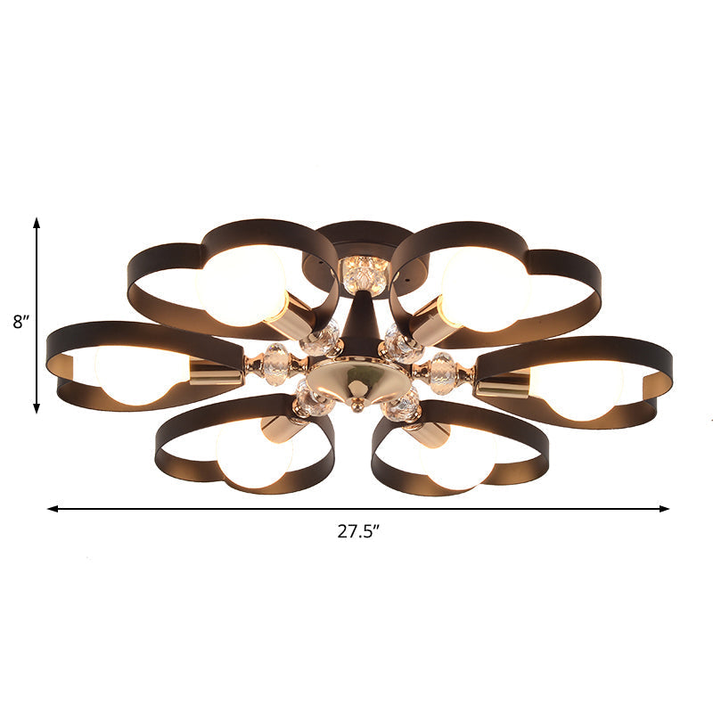 Modern Black Semi Flush Mount Ceiling Lamp with Heart Shade, Crystal Ball - 3/6 Heads