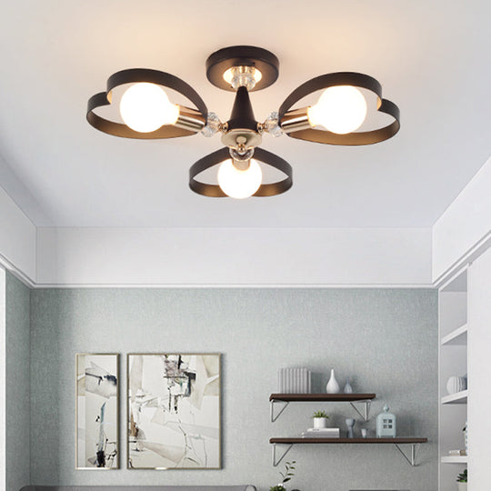 Modern Black Semi Flush Mount Ceiling Lamp with Heart Shade, Crystal Ball - 3/6 Heads