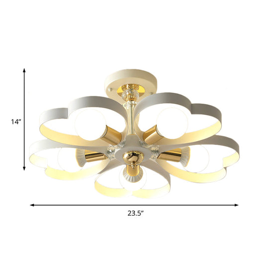 Nordic Style Metal Ceiling Lamp - Heart/Flower Shade White Finish 3/5 Lights For Living Room