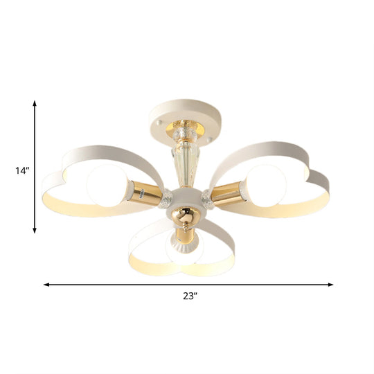 Nordic Style Metal Ceiling Lamp - Heart/Flower Shade White Finish 3/5 Lights For Living Room