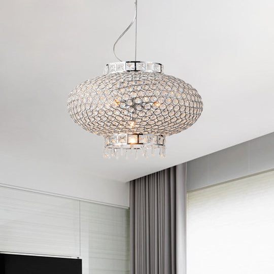 Lustre lanterne contemporain en chrome avec perles en cristal transparent - Suspension en métal à 4 lumières