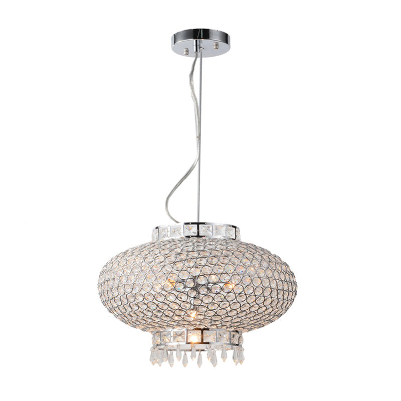 Lustre lanterne contemporain en chrome avec perles en cristal transparent - Suspension en métal à 4 lumières