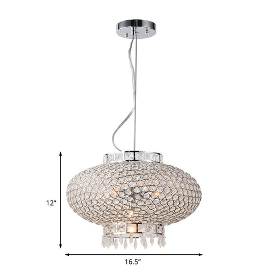 Lustre lanterne contemporain en chrome avec perles en cristal transparent - Suspension en métal à 4 lumières