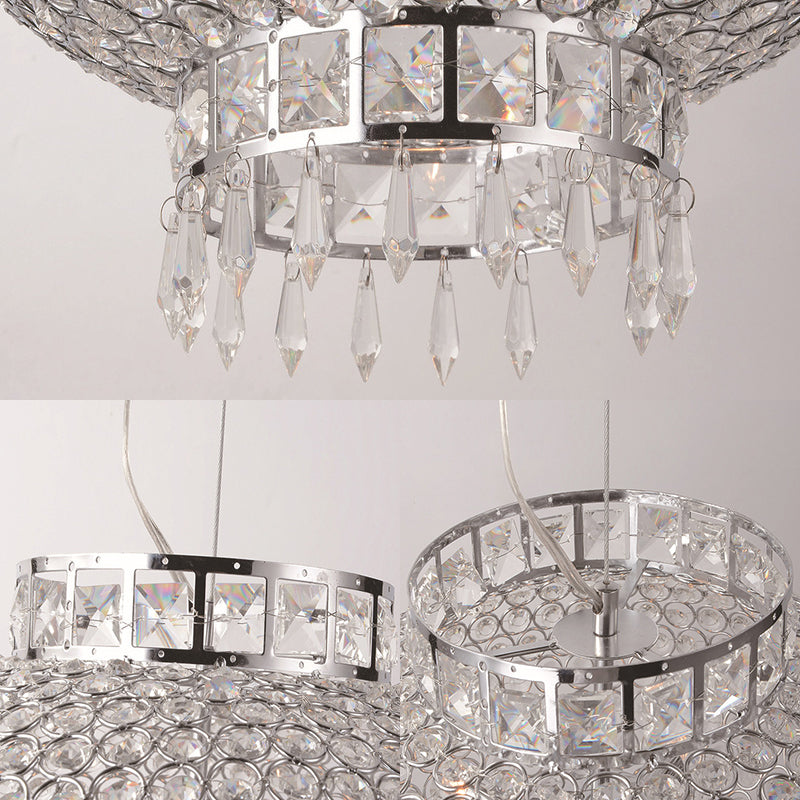 Lustre lanterne contemporain en chrome avec perles en cristal transparent - Suspension en métal à 4 lumières