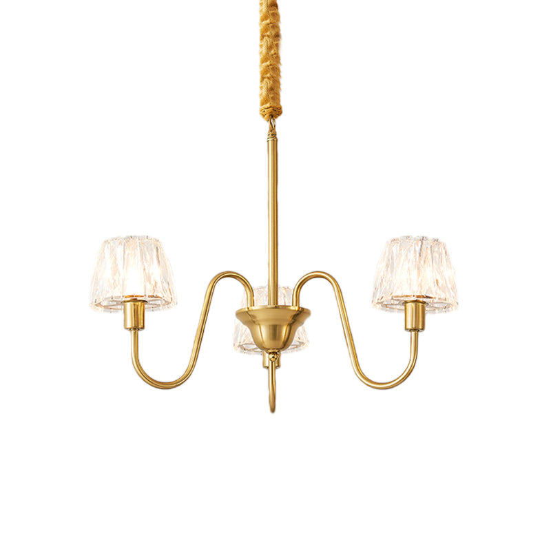 Modern Crystal Cone Ceiling Light With Brass Finish - 3/6/8 Lights And Curved Arm