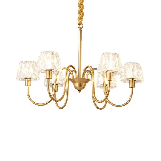 Modern Crystal Cone Ceiling Light With Brass Finish - 3/6/8 Lights And Curved Arm