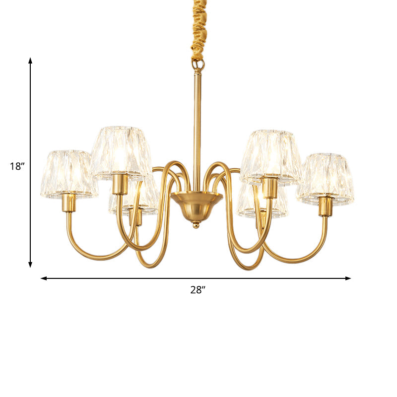 Modern Crystal Cone Ceiling Light With Brass Finish - 3/6/8 Lights And Curved Arm