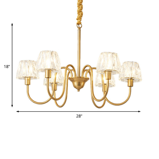 Modern Crystal Cone Ceiling Light With Brass Finish - 3/6/8 Lights And Curved Arm