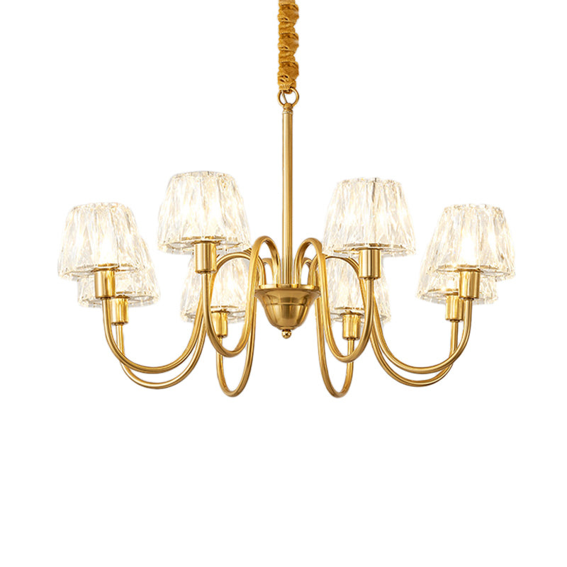 Modern Crystal Cone Ceiling Light With Brass Finish - 3/6/8 Lights And Curved Arm