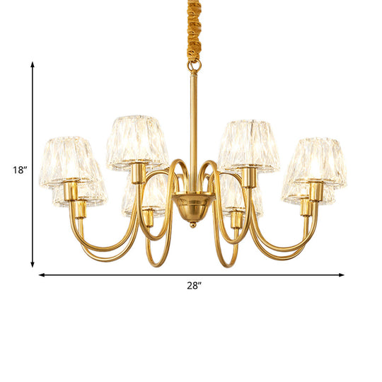 Modern Crystal Cone Ceiling Light With Brass Finish - 3/6/8 Lights And Curved Arm