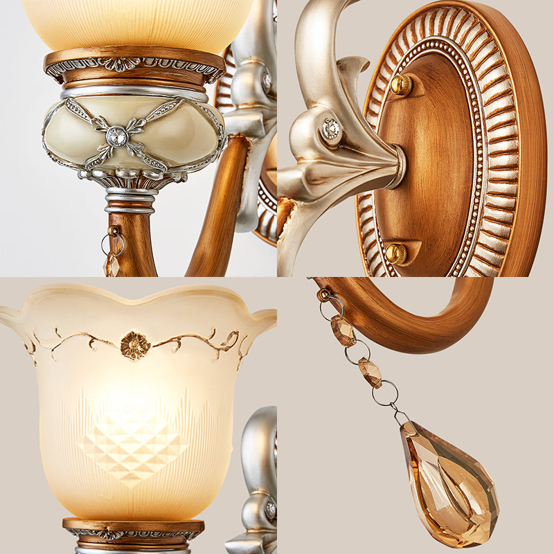 Lodge Style Flower Wall Lamp With Frosted Glass Teardrop Crystal Deco And Metal Arm In Gold -