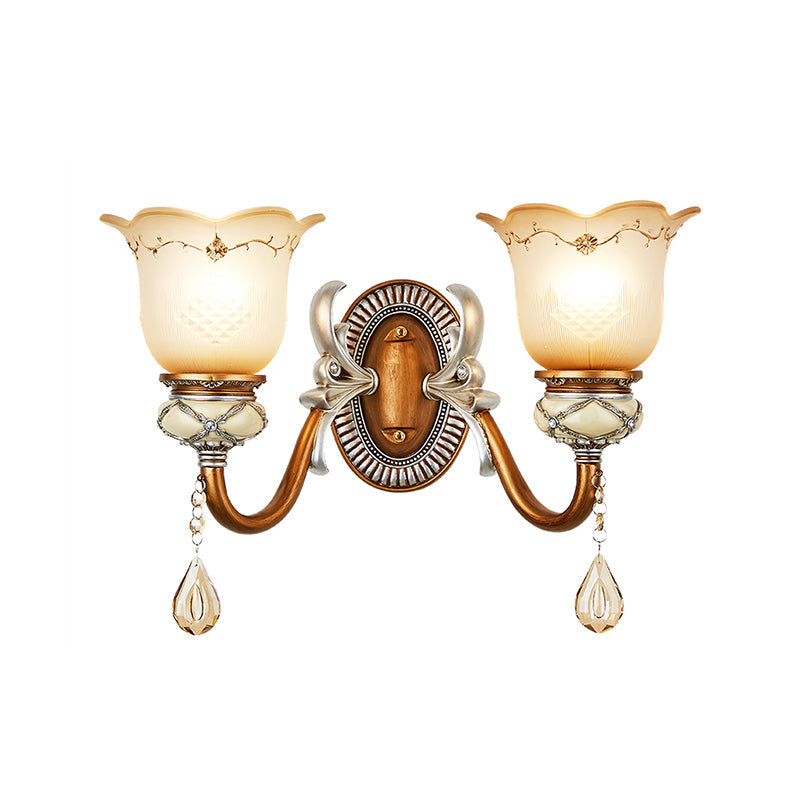 Lodge Style Flower Wall Lamp With Frosted Glass Teardrop Crystal Deco And Metal Arm In Gold -