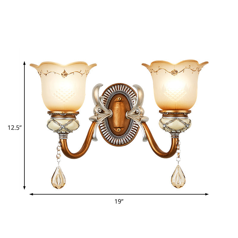 Lodge Style Flower Wall Lamp With Frosted Glass Teardrop Crystal Deco And Metal Arm In Gold -