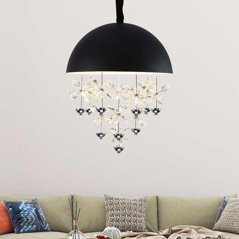 Modern Metal Pendant Light With Crystal Flower Deco - 6/10 Lights Domed Design Black/White