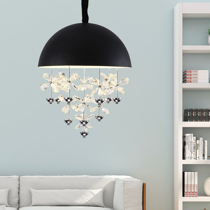 Modern Metal Pendant Light With Crystal Flower Deco - 6/10 Lights Domed Design Black/White Black /