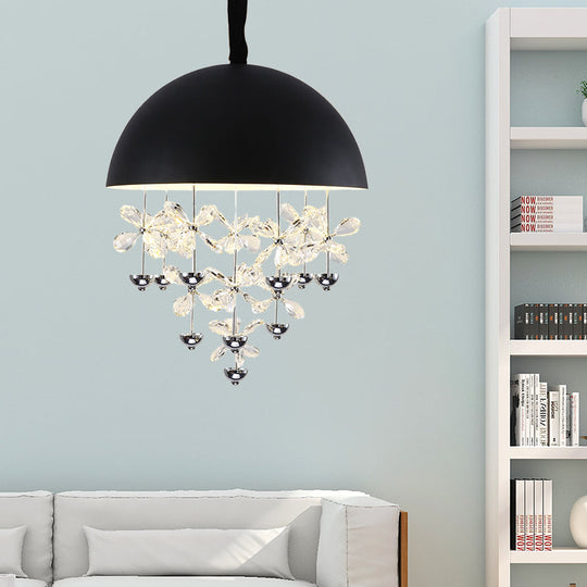 Modern Metal Pendant Light With Crystal Flower Deco - 6/10 Lights Domed Design Black/White Black /