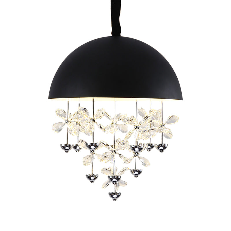 Suspension en forme de dôme avec décoration florale en cristal - Plafonnier suspendu moderne en métal (6/10 lumières) en noir/blanc