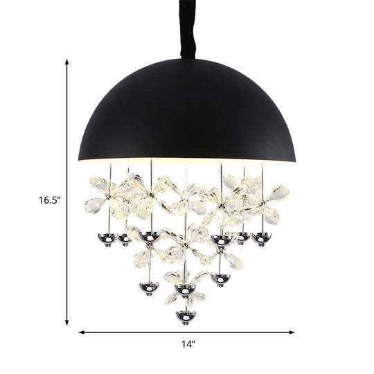 Modern Metal Pendant Light With Crystal Flower Deco - 6/10 Lights Domed Design Black/White