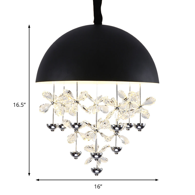 Suspension en forme de dôme avec décoration florale en cristal - Plafonnier suspendu moderne en métal (6/10 lumières) en noir/blanc