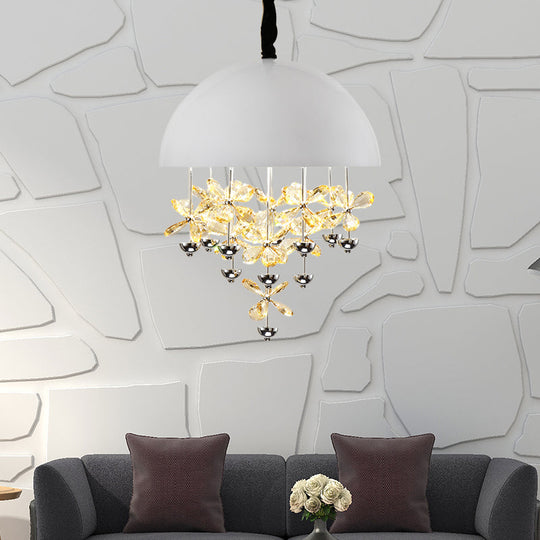 Suspension en forme de dôme avec décoration florale en cristal - Plafonnier suspendu moderne en métal (6/10 lumières) en noir/blanc