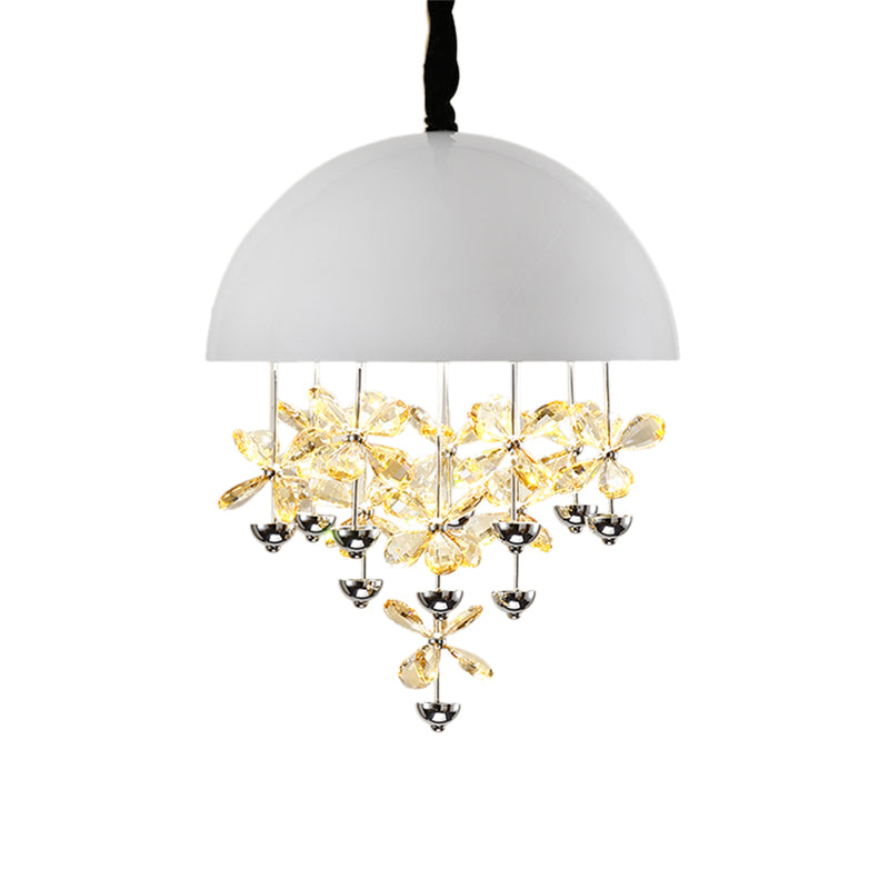 Modern Metal Pendant Light With Crystal Flower Deco - 6/10 Lights Domed Design Black/White