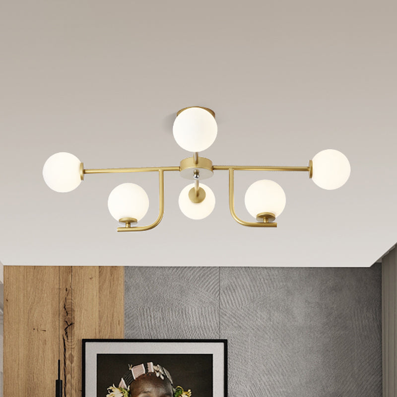 Modern 6/10-Head Metal Semi Flush Mount Ceiling Light with Globe Glass Shade - Gold Finish for Living Room