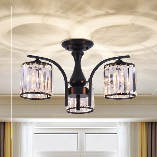 Sleek Nordic Metal Black Ceiling Light Fixture With Crystal Shade - Cylinder Semi Flush Mount 3/5