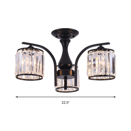 Sleek Nordic Metal Black Ceiling Light Fixture with Crystal Shade - Cylinder Semi Flush Mount, 3/5 Lights