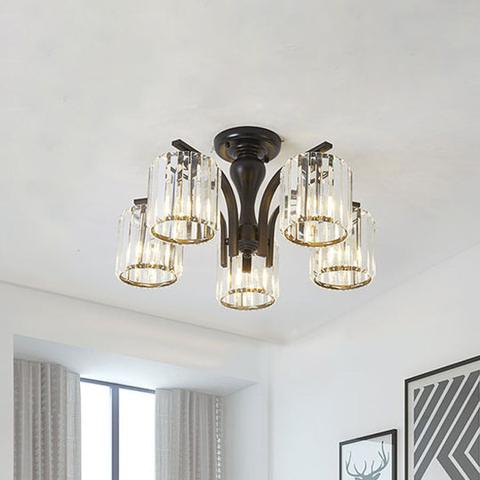 Sleek Nordic Metal Black Ceiling Light Fixture with Crystal Shade - Cylinder Semi Flush Mount, 3/5 Lights