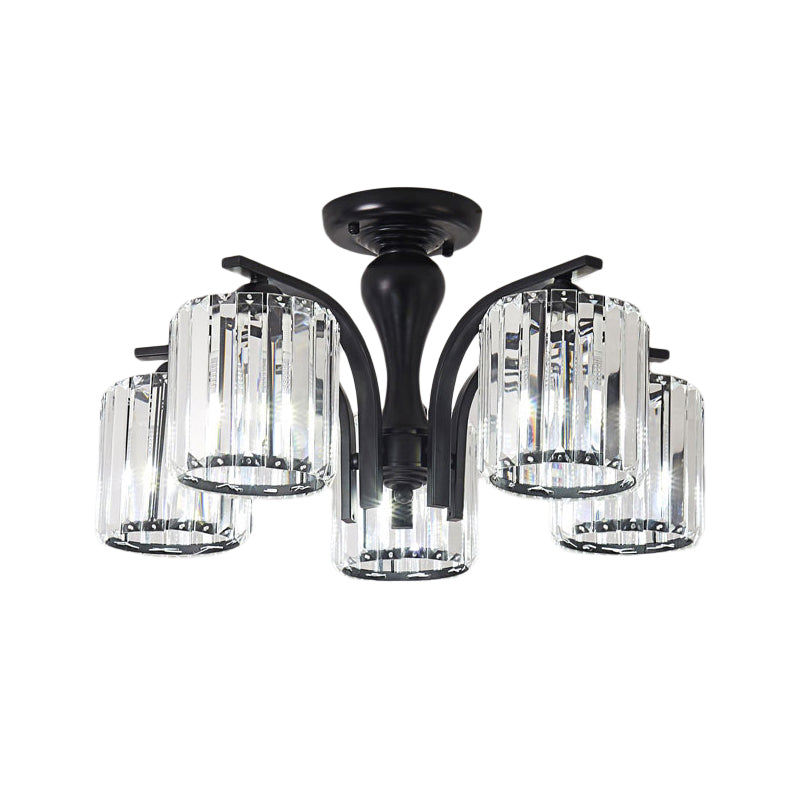 Sleek Nordic Metal Black Ceiling Light Fixture with Crystal Shade - Cylinder Semi Flush Mount, 3/5 Lights