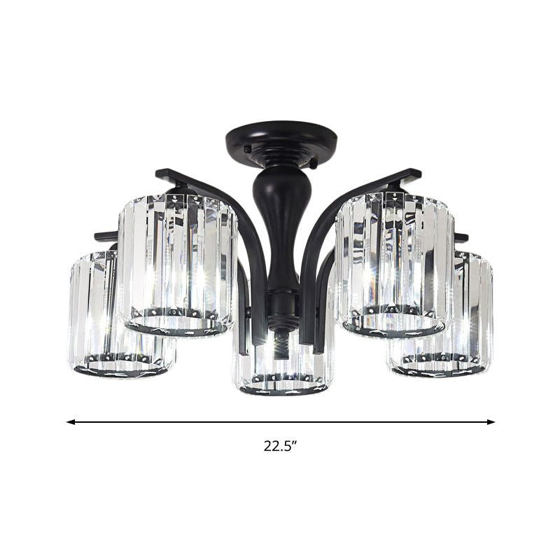 Sleek Nordic Metal Black Ceiling Light Fixture with Crystal Shade - Cylinder Semi Flush Mount, 3/5 Lights