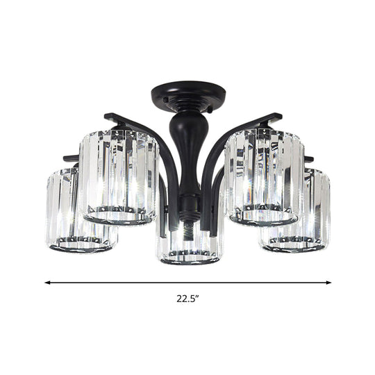 Sleek Nordic Metal Black Ceiling Light Fixture With Crystal Shade - Cylinder Semi Flush Mount 3/5