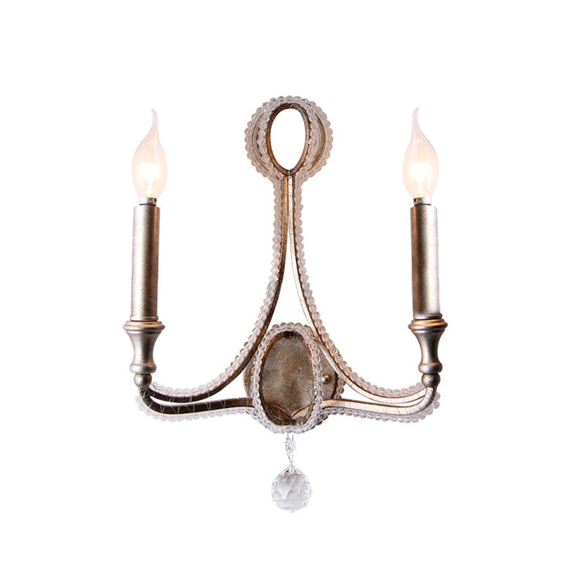 2-Head Retro Loft Fabric Wall Light - Conical Sconce With Crystal Beaded Strand Aged Silver