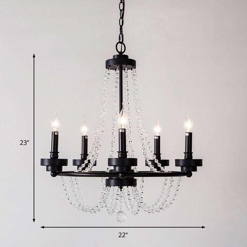 Lustre à bougie moderne - Lampe suspendue en métal avec brin de perles en cristal (5/6 lumières) en noir