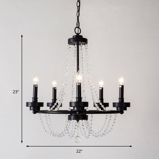 Lustre à bougie moderne - Lampe suspendue en métal avec brin de perles en cristal (5/6 lumières) en noir