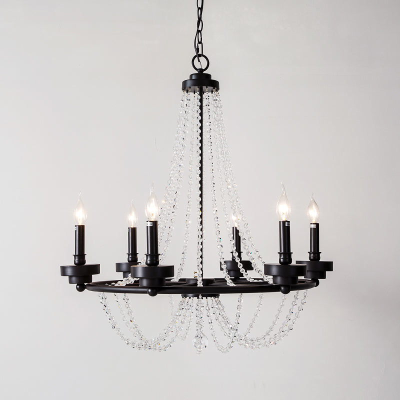 Modernist Metal Pendant Lamp With Crystal Beaded Strand - Black 5/6 Lights