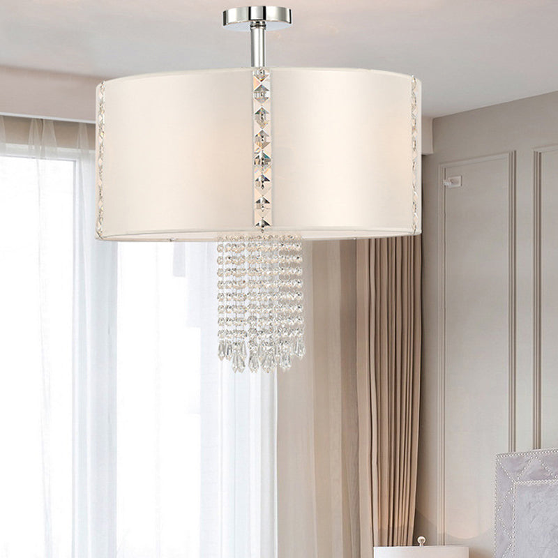 Chrome Modern Drum Ceiling Light with Crystal Bead Accents - 5 Fabric Lights