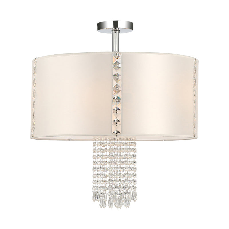 Chrome Modern Drum Ceiling Light with Crystal Bead Accents - 5 Fabric Lights