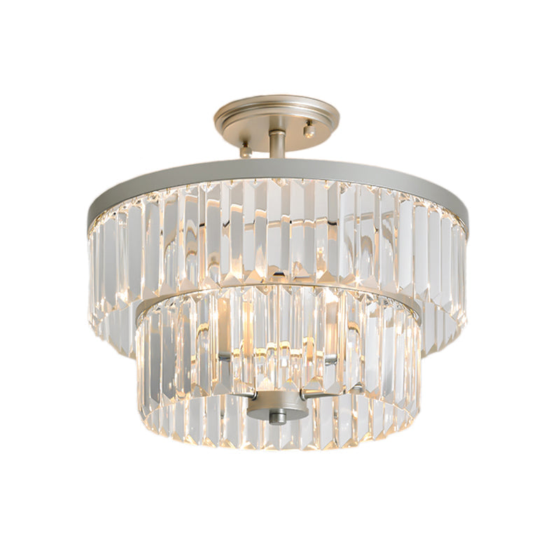 Vintage Style Crystal and Metal Ceiling Lamp - 2 Tier Semi Flush Mount