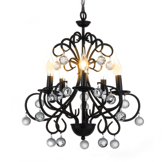 Vintage Style Black Metal Chandelier Lamp With 5 Lights - Dining Room Suspension Light Crystal Ball