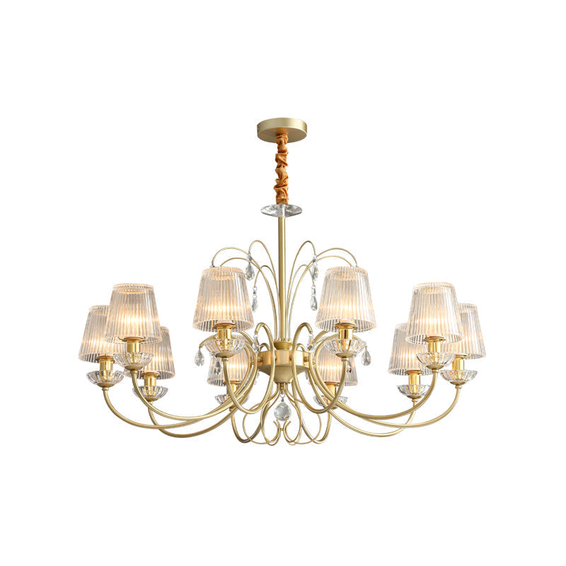 Modern Gold Cone Chandelier Lamp With Clear Ribbed Glass - 6/8/10 Lights Ideal For Living Room